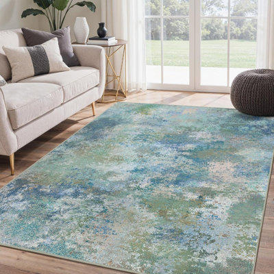 Tapis bleu sarcelle avec aquarelle abstraite 5 pi x 7 pi pour la chambre à coucher