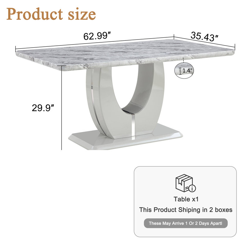 Avdain 63" Modern American Rectangular Faux Marble Top Dining Table with U-shaped Pedestal Base, Gray