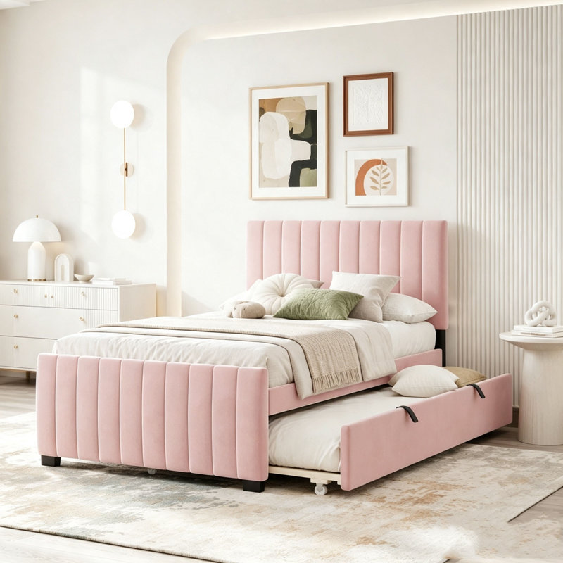 Lit plateforme tapissier en velours avec lit gigogne simple, Simple, Rose