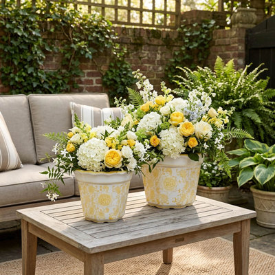 Textured Chinoiserie Ceramic Outdoor Planters for Living Room and Home Decor - Decorative Indoor Flower Pots for Patio and Garden - Set of 2, Yellow