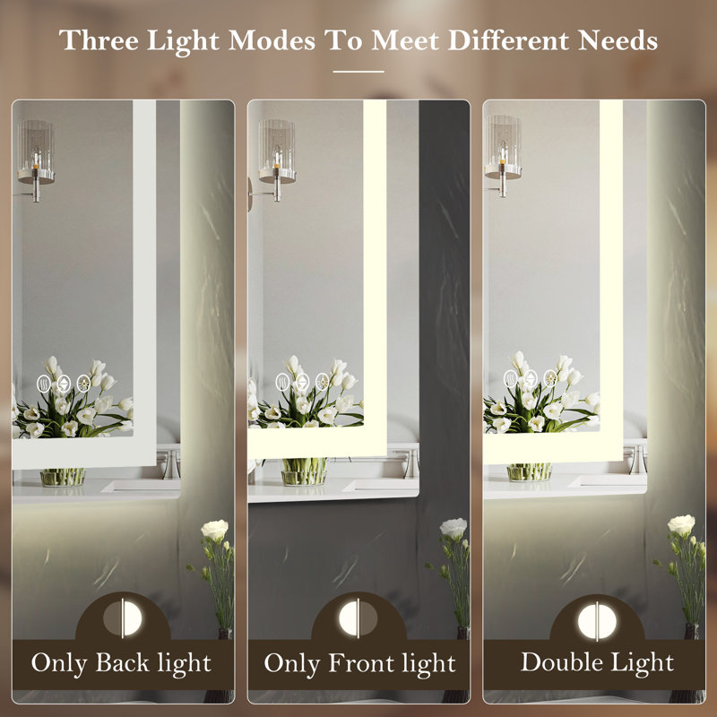 LED Bathroom Mirror with Frontlit and Backlit, Anti-fog Frameless Tempered Glass Dimmable Vanity Mirror, 20" x 28"
