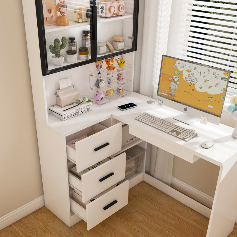L Shaped Computer Desk with LED Lighted Glass Hutch Corner Office Desk with 3 Drawers and Power Outlet
