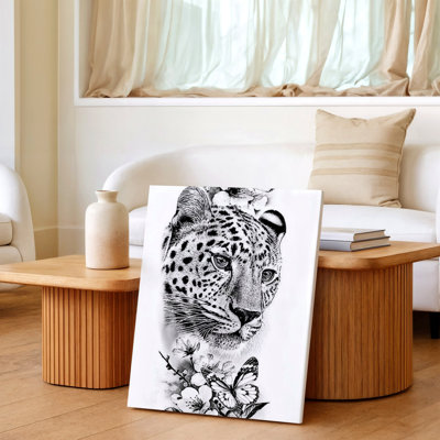 Léopard noir blanc visage papillons fleurs faune reproduction d'art sur toile, œuvre d'art décorative pour le salon chambre bureau couloir galerie décoration murale, pièce décorative, image décorative