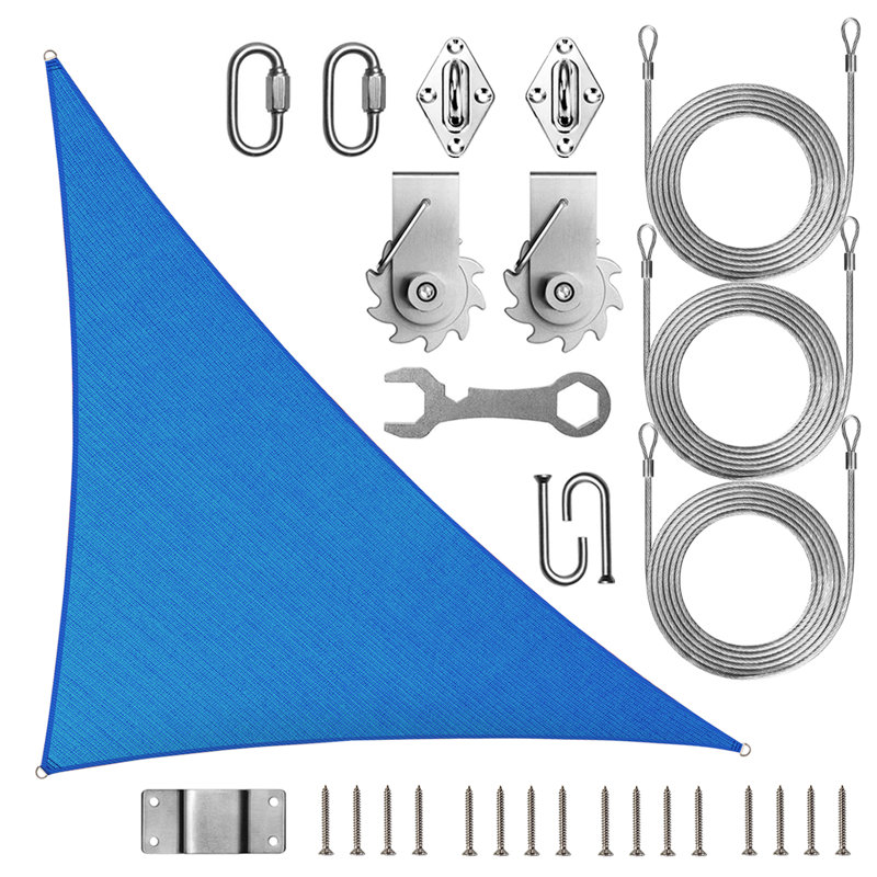 Voile d'ombrage triangulaire Amgo avec trousse de quincaillerie et treuil 200 g / m² Amgo, Bleu, 18 pi x 18 pi x 25,5 pi