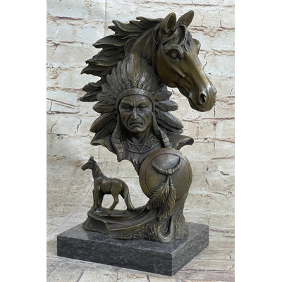 Tymari Native American Indian Bust W/ Horses Bronze Statue Sculpture Original Art Decor