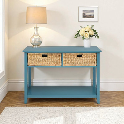 Console Flavius à finition bleu sarcelle: 2 tiroirs et tablette ouverte - entrée, rangement dans le salon
