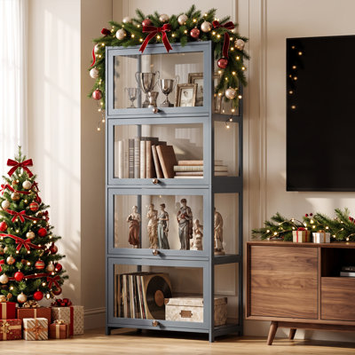 55" H x 23" W 4-Tier Acrylic Display Cabinet With Flip Up Door, Curio Cabinet Collection Storage Showcase Organizer
