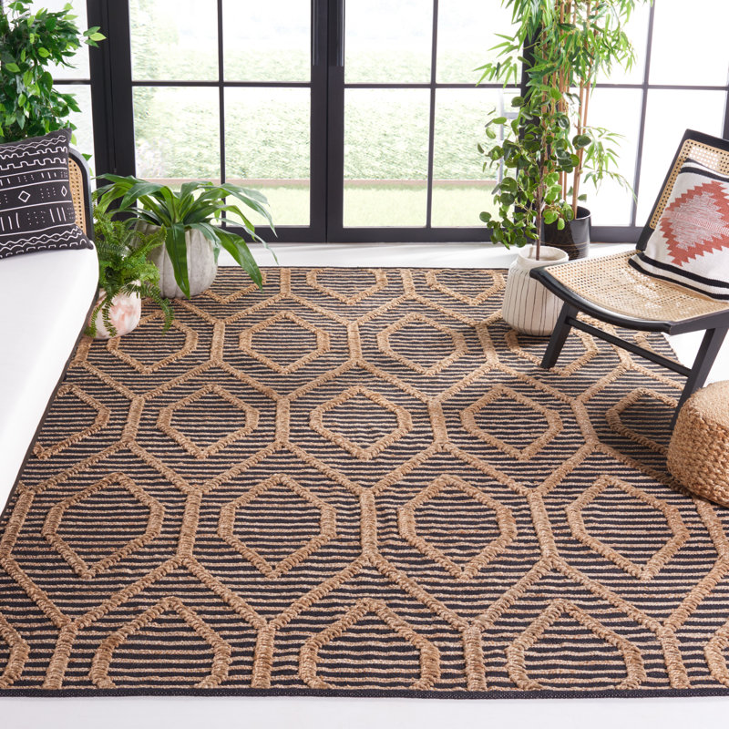 Natural Fiber Flat Weave Jute and Cotton Area Rug in Black / Natural, Runner 69 X 244cm