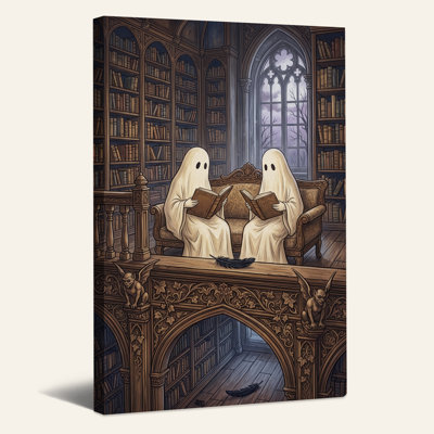 Fantômes lisant des livres dans une bibliothèque gothique avec art mural d'Halloween