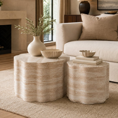 Ensemble de tables basses rondes modernes 2 pièces avec dessus en faux marbre Caston