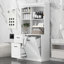 Armoire de rangement pour salle de bain avec panier inclinable, rangement autoportant avec tablettes réglables, tour en bois aggloméré avec poignées en acier
