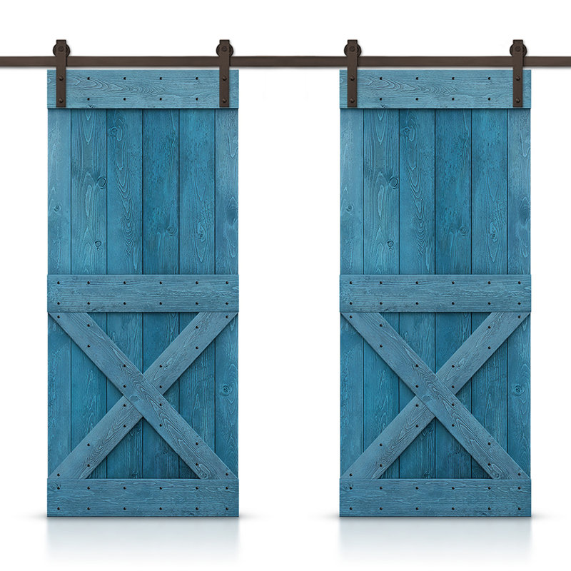 Porte de grange à panneaux et en bois avec quincaillerie d'installation, 40 po x 84 po, Bleu