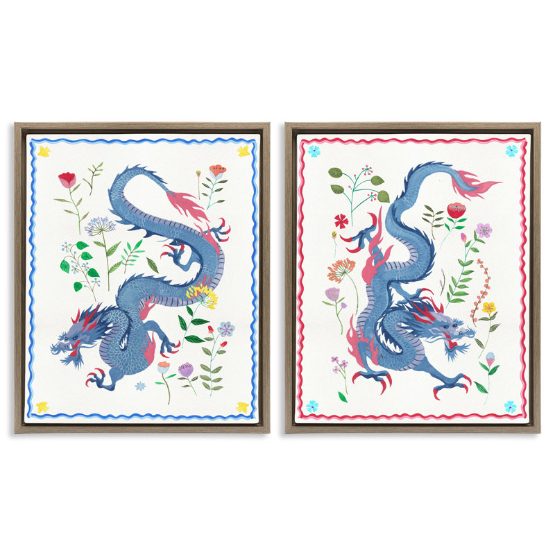 Dragons avec détails de fleurs, ensemble de 2 toiles flottantes encadrées par Melissa Wang, Cadre flottant orme Montalcino