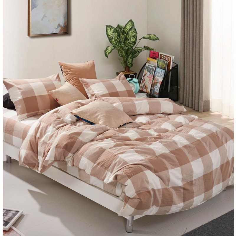 Ensemble de housse de couette en coton 3 pièces Gingham, Café, Housse de couette pour grand lit et 2 taies décor