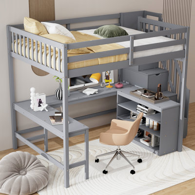 Full Size Loft Bed With Built-In Desk And Storage Staircase