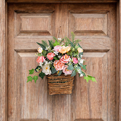 Artificial Rose Wreath, Faux Flower Hanging Basket for Front Door, Entryway, Porch & Patio, Indoor/Outdoor Home Decor