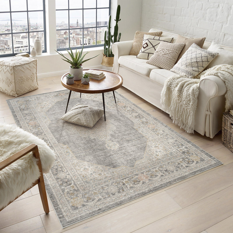Washable Living Room Traditional Orchid Floral Area Rug – Soft Polypropylene Weaving, Low Pile, Non Slip Cotton Backing for Elegant Indoor Spaces, Grey
