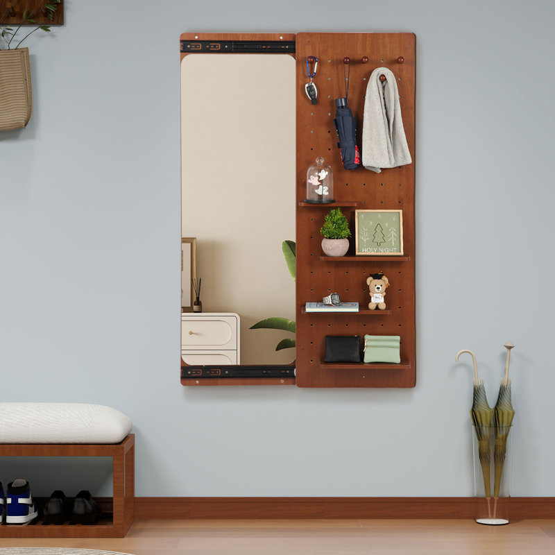 Miroir mural pleine grandeur avec tablette, miroir coulissant caché, Brun