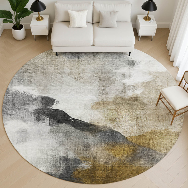 Tapis abstrait lavable à la machine de qualité supérieure Mayfield AMF2043, Brun, Rond 8 pi