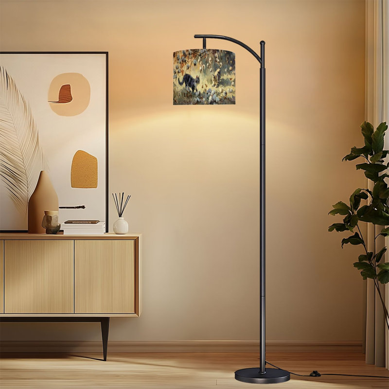 Lampe sur pied à arc avec abat-jour ajustable Lampe de campagne impressionniste sur fond de champs de coton en forme de chats 3 températures de couleur à intensité variable avec poteau pour la chambre à coucher