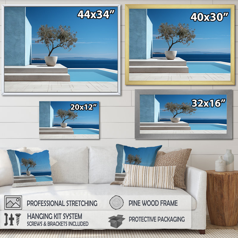 «Grèce Beach House Views Tranquility - Coastal Beach», art mural, Cadre simple noir, H 24 po x l 32 po x P 1 po