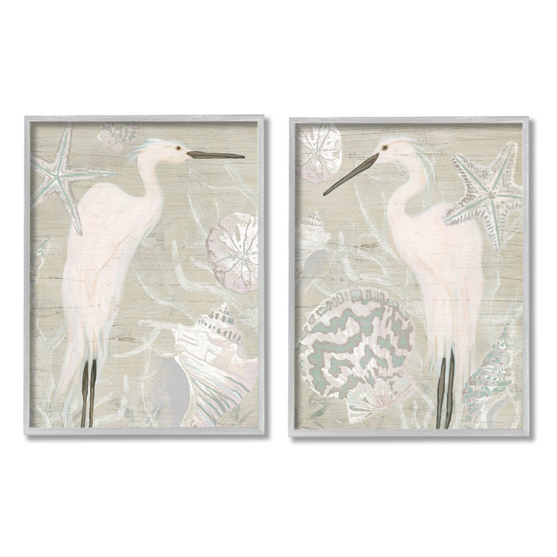 White Heron Nautical Seashells Rustic Starfish Wildlife, L 11 po x H 14 po, Estampe numérique Farmhouse