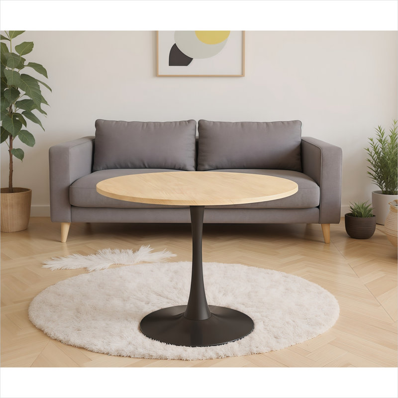 Table de salle à manger 24 pouces Mid-Century ronde avec finition naturelle, plateau en panneau de fibres à densité moyenne et base en acier, 4 sièges