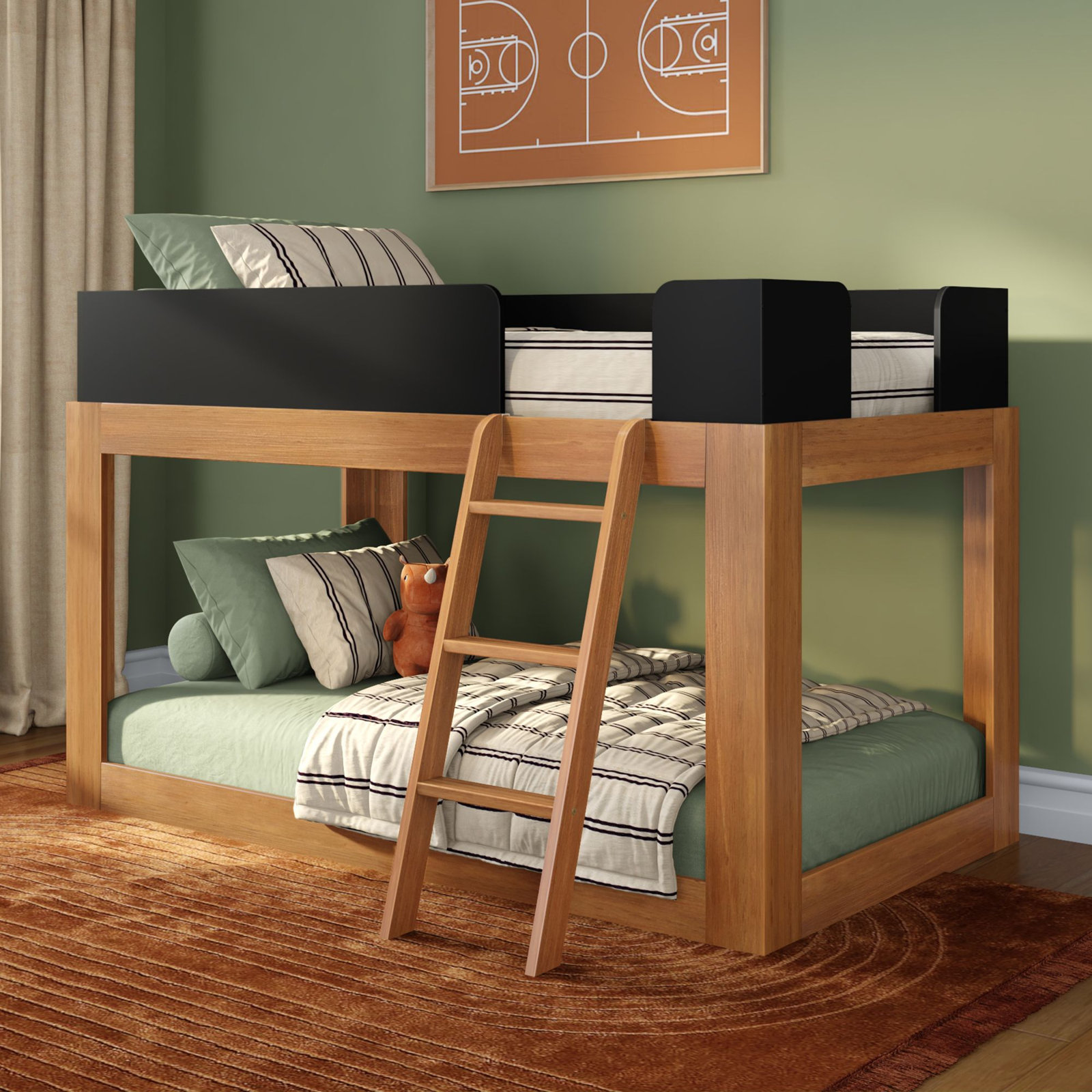 Ambur Twin Over Twin Bunk Bed, Black/Pecan
