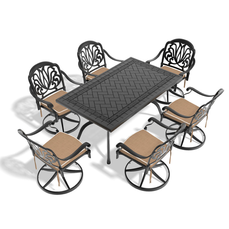 Repas d'extérieur 7: 6 chaises pivotantes et table rectangulaire en noir toutes saisons: Zèbre, 6