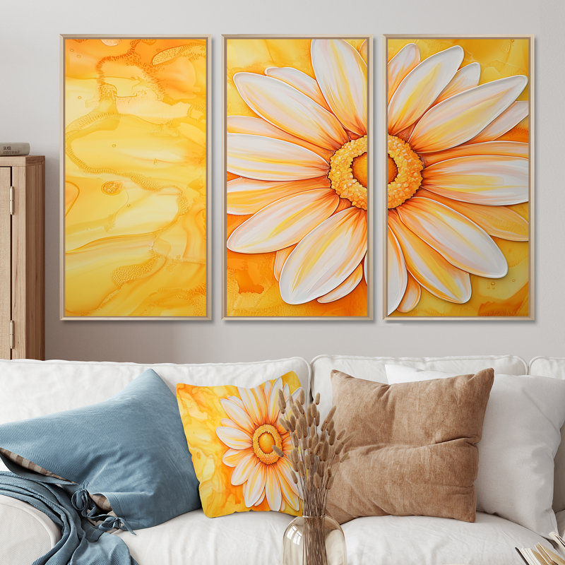 Daisy Bloom Sunset - Daisy Wall Art Print Set, Natural, Floater Framed Print, 28" H x 36" W