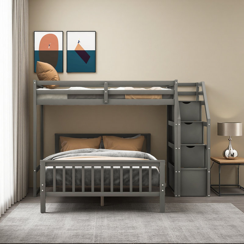 Lit mezzanine simple au-dessus d'un lit double avec escalier, Gris