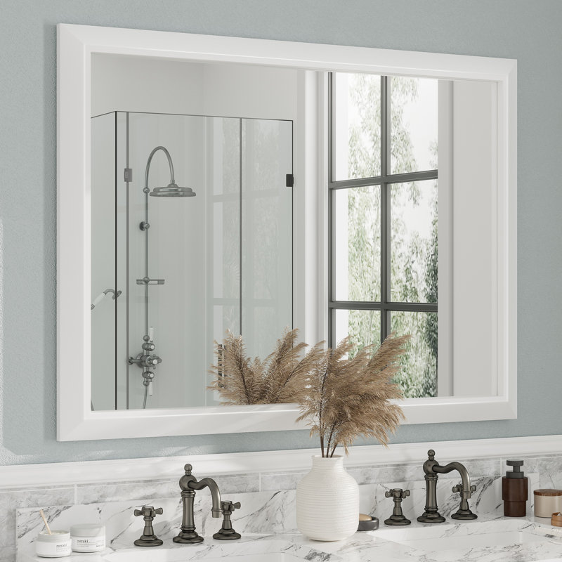 Amara Tempered Glass Mounted Wall Mirror, 48" x 36", Light Yellow Wood