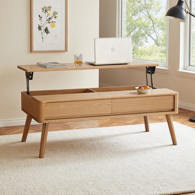 Table basse à plateau relevable en bois de chêne massif naturel avec tablette de rangement, table centrale à hauteur réglable pour le salon, le bureau à domicile et la salle à manger, conception moderne triangulaire, assemblage rapide