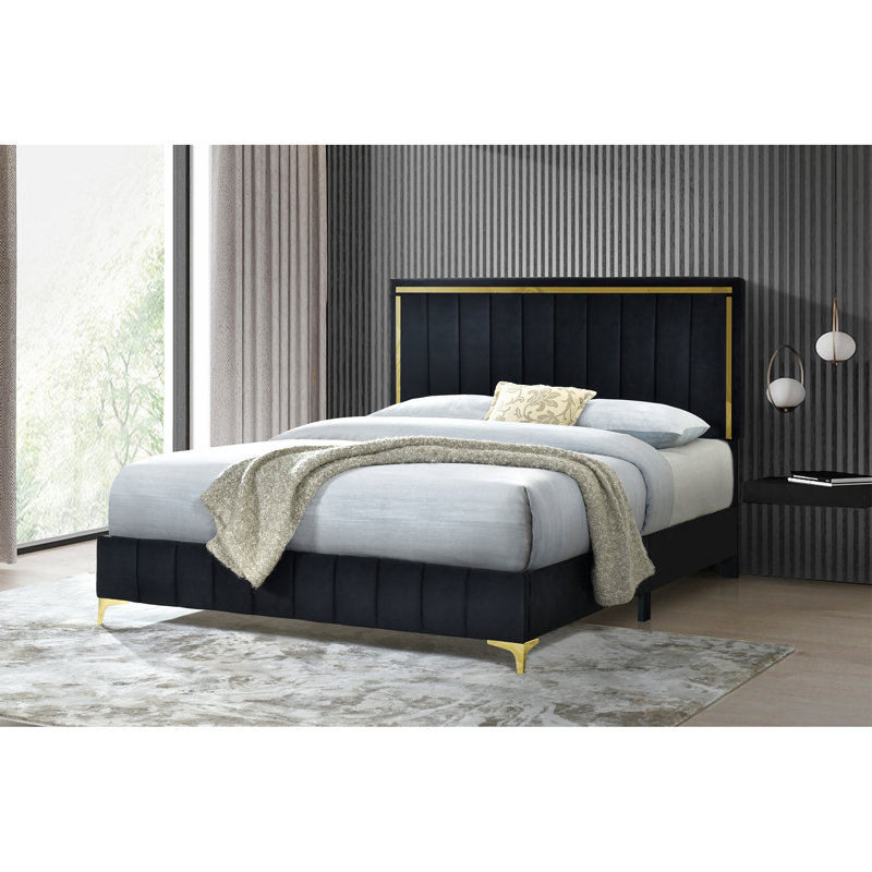 Sayler Velvet Queen Upholstered Platform Bed with Gold Legs and Gold Trim, Black