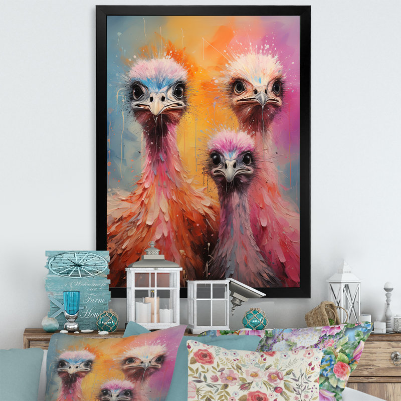 " Ostrich Whimsy Portraits ", 20" H x 12" W x 1" D, Black Single Picture Framed