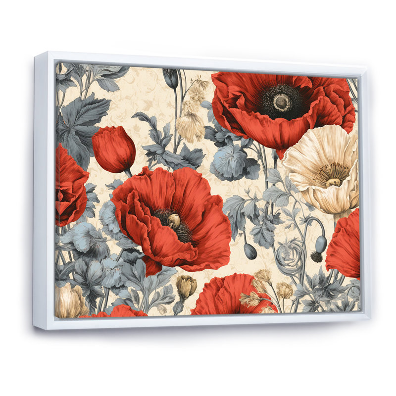 Corail et beige, rêves de coquelicots, H 16 po x l 32 po x P 1 po, Cadre flottant blanc