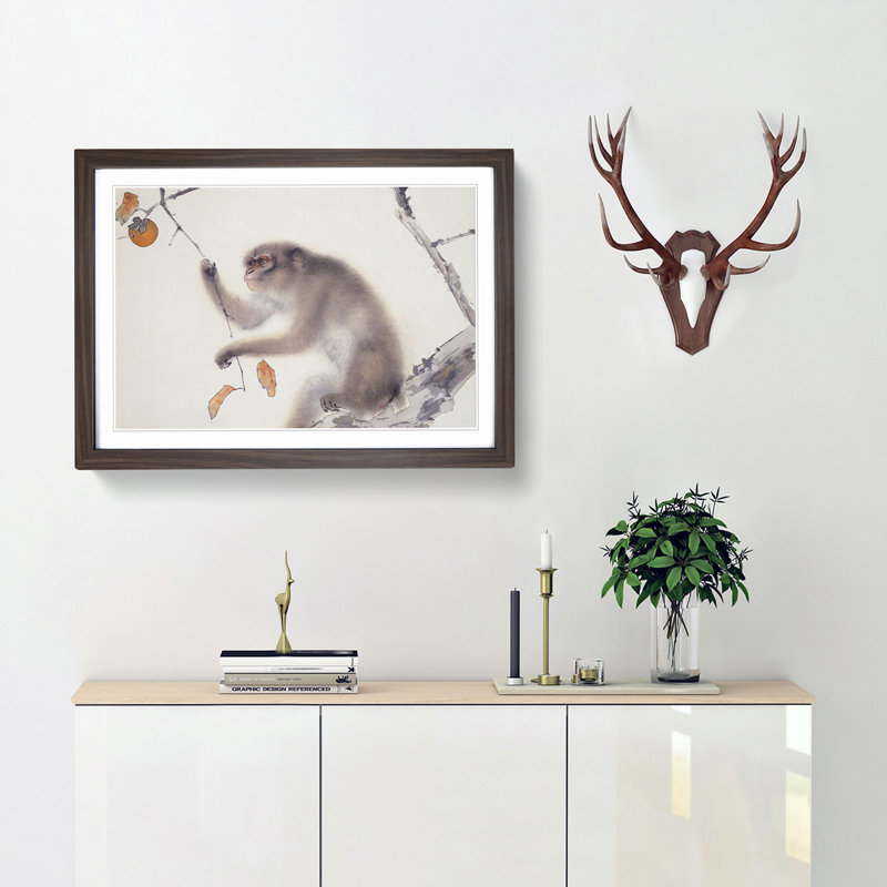 A Monkey by Kansetsu Hashimoto - Framed Print, 33cm H x 45cm W x 2cm D, Walnut Framed