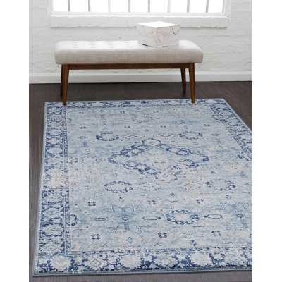 Emanuel Traditional Machine Woven Flatweave Light Blue and Blue Area Rug with Non Skid Backing 