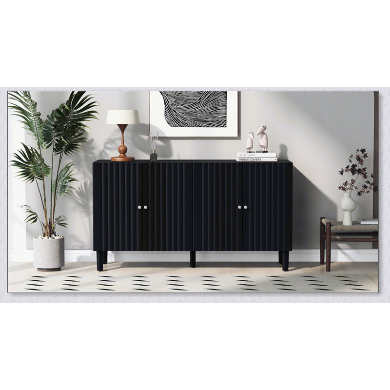 Buffet à quatre portes avec portes à motif ondulé, pieds cylindriques et poignées en métal élégantes, Noir