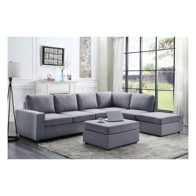 Canapé d'angle modulable réversible 7 places Cassia 120 po en lin gris pâle avec pouf