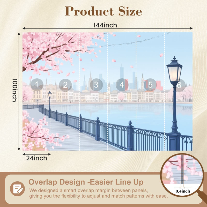 Papier peint adhésif auto-adhésif moderne pour la chambre à coucher Cherry Blossom Pier City Skyline Pastel