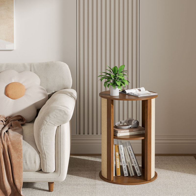 Boho Side Table, 2-tier End Table With Adjustable Shelf And Sackcloth Finish For Living Room, Bedroom, Walnut