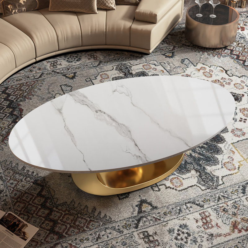 Fantastic Luxurious Oval Faux Marble Coffee Table With Midsize Sphere Crescent-Shaped Base, Gold