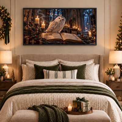«Snowy Owl on Open Bible in Candlelit Cathedral», art mural sur toile
