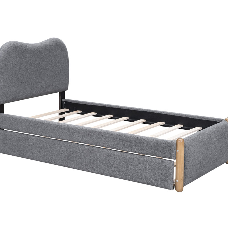 Lit plateforme gris simple avec tête de lit confortable et gigogne, Lit simple, Gris