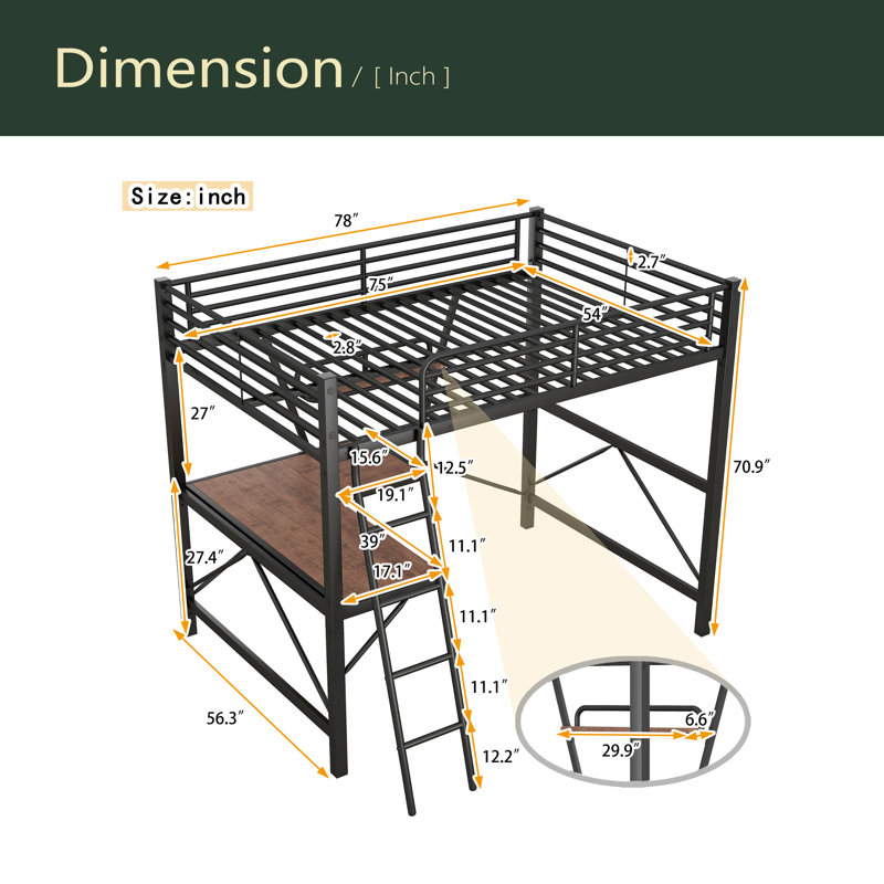 Lit mezzanine double en métal avec bureau et tablette, Noir