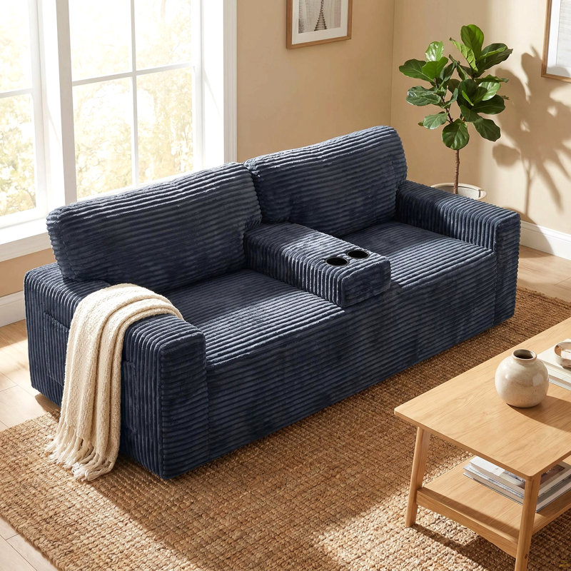 Canapé à compression 91,7 po sans pattes, velours côtelé moelleux avec porte-gobelets intégrés et poche de rangement latérale pour le salon