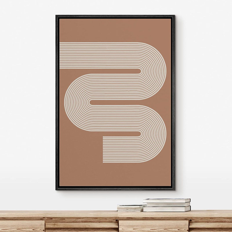 IDÉE4WALL, reproduction d'art sur toile encadrée, brun clair et brun, motif de vagues rétro, formes abstraites, illustrations, minimalisme, géométrique décoratif pour le salon, la chambre à coucher, le bureau