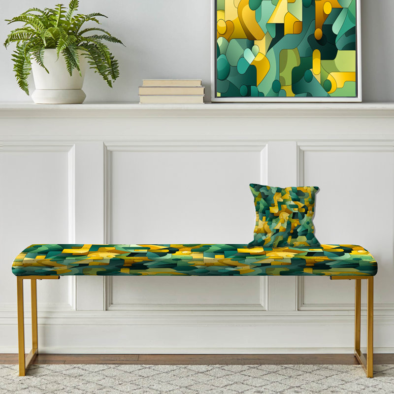 Poupart Green And Yellow Puzzle Play - Geometric Upholstered Gold Bench