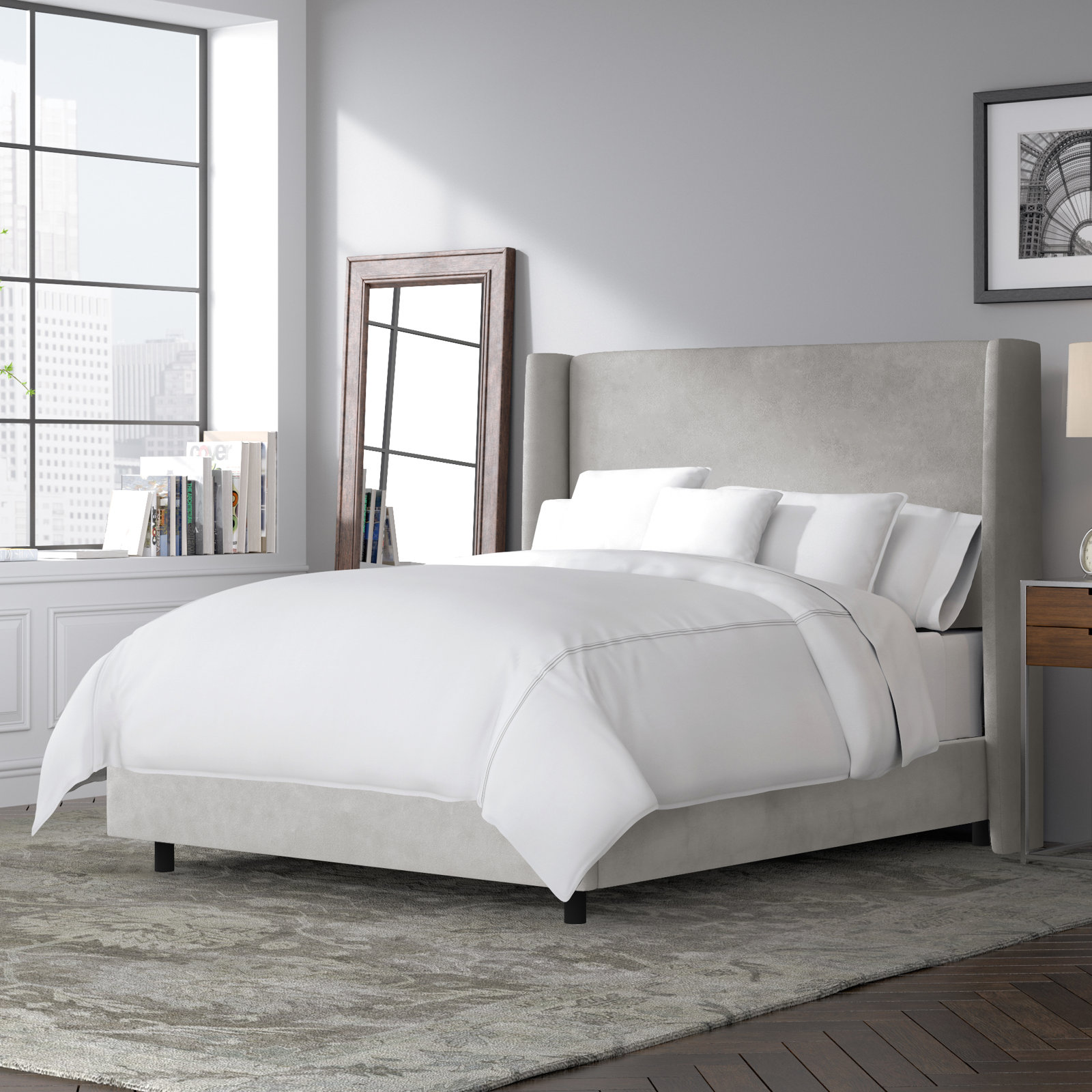 Tilly Linen Upholstered Wingback Bed, King, Bella Light Gray Performance Velvet